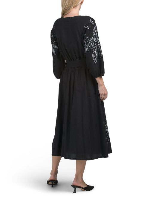 LEA Three Quarter Sleeve Embroidered Midi Dress