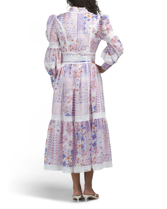 DALIA MACPHEE Long Sleeve Floral Lace Trim Maxi Dress