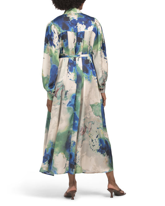 DALIA MACPHEE Long Sleeve Marble Printed Tie Neck Maxi Dress