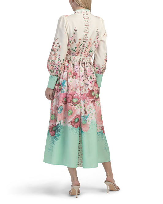 NANCY YANG Stand Collar Floral Dress With Belt