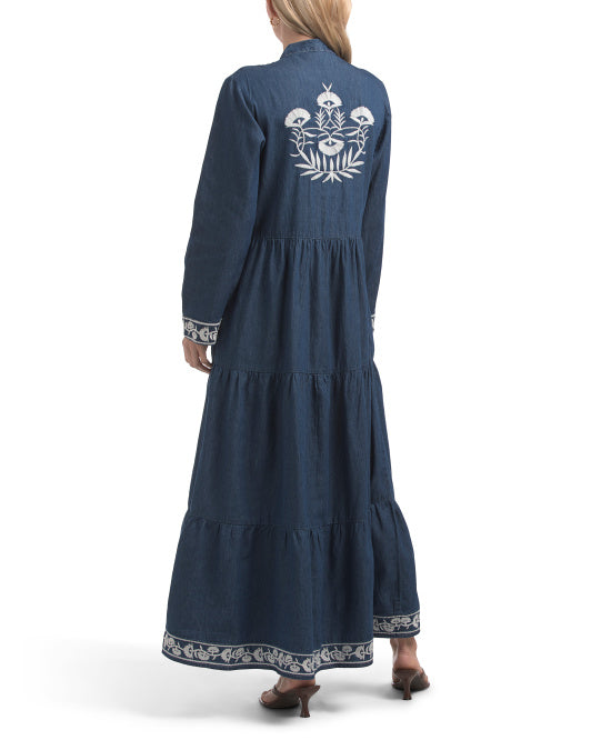 SOLITAIRE Long Sleeve Floral Embroidered Denim Dress
