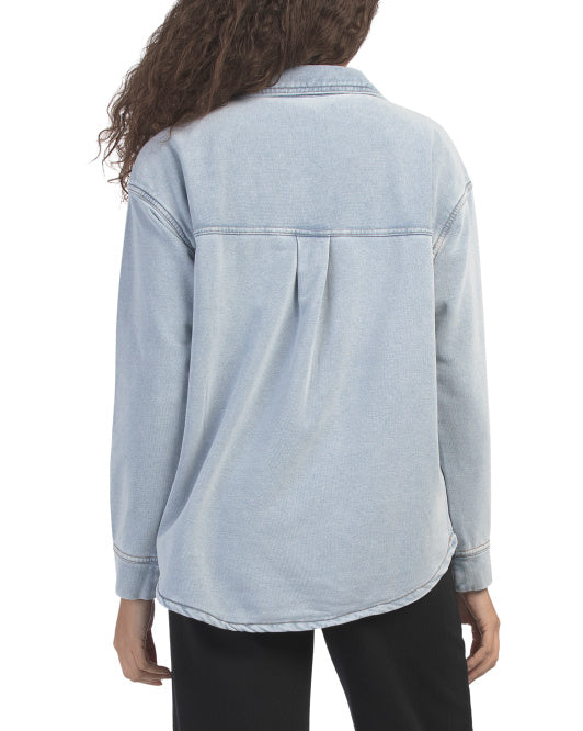 BEACH LUNCH LOUNGE Cotton Blend Knit Button Down Top With Denim Effect