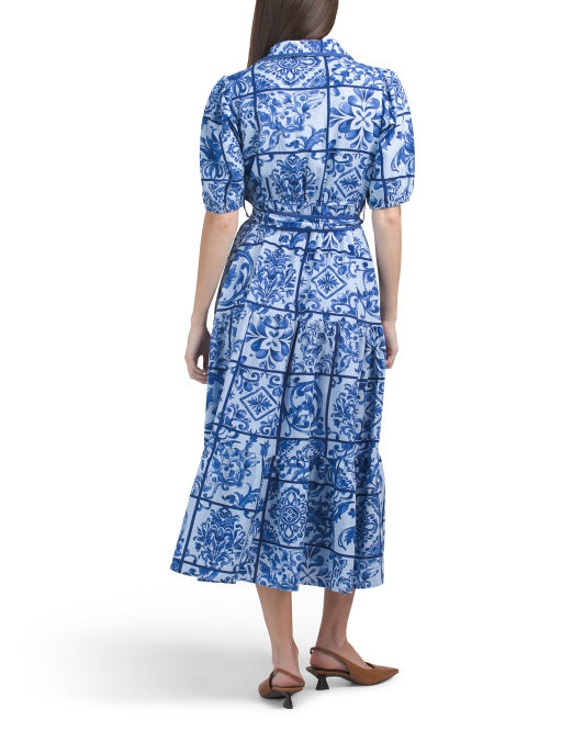 LEA Short Sleeve Tile Print Maxi Dress