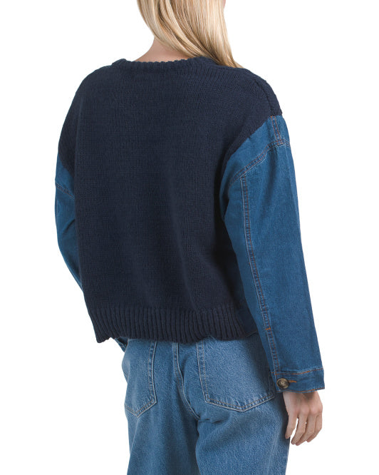 COCOBLEU Denim And Cable Knit Sweater