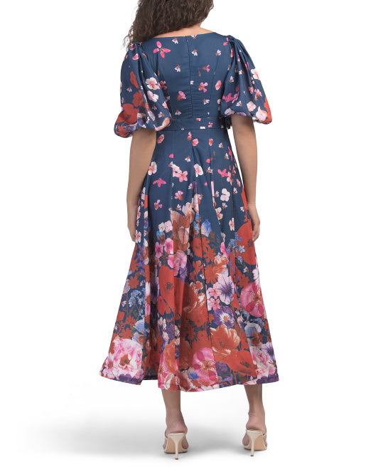 DALIA MACPHEE Puff Sleeve Cascading Floral Maxi Dress With Belt