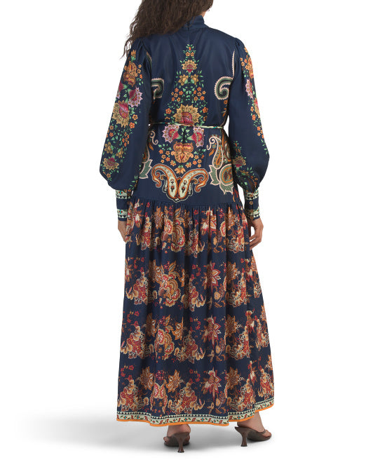DALIA MACPHEE Long Sleeve Mock Neck Paisley Print Maxi Dress