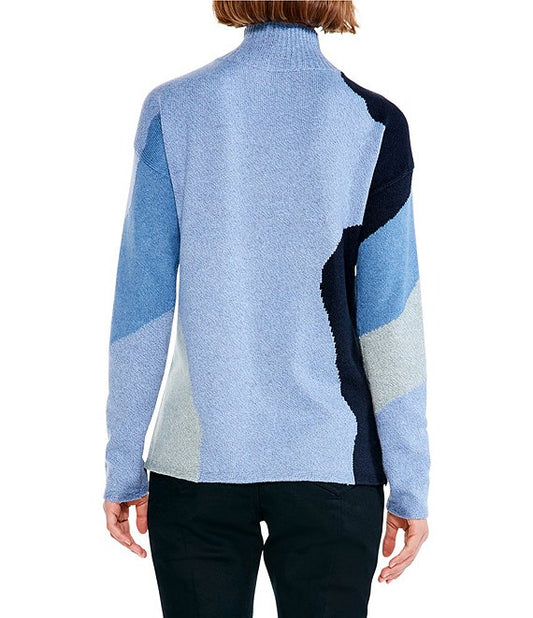 Color:Blue Multi - Image 2 - Glowing Embers Color Block Foil Print Mock Neck Long Sleeve Sweater