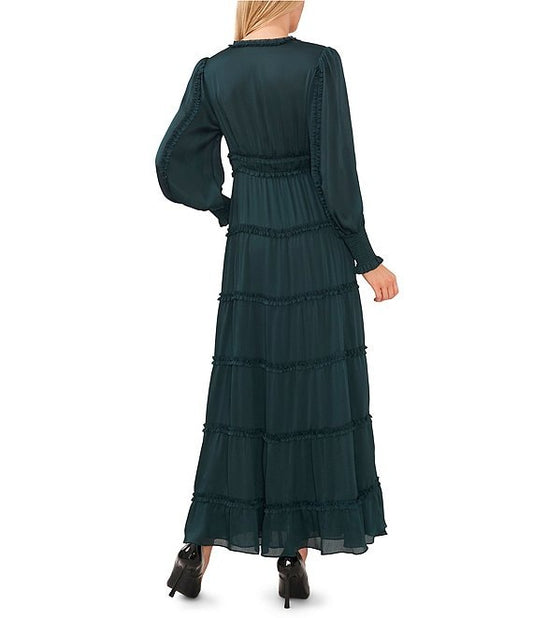 Color:Ponderosa Pine - Image 2 - Plisse Satin Ruffle Deep V-Neck Long Smocked Cuff Sleeve Tiered Maxi Dress