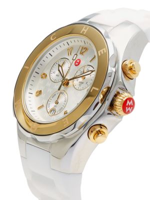 Michele
40MM Two Tone Stainless Steel & Silicone Strap Chronograph Watch