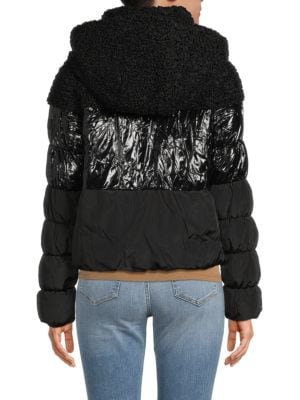DKNY
Mixed Media Faux Shearling Hooded Puffer Jacket
