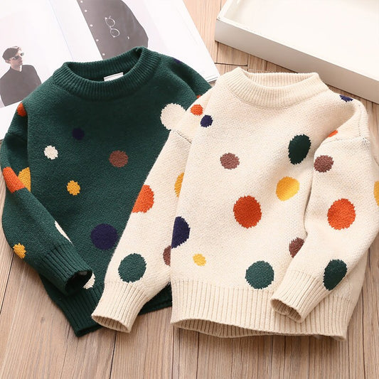 2022 Autumn Spring 2 3 4 6-10 Years Kids Children'S Clothing O-Neck Colorful Dot Knitted Pullover Winter Sweater For Baby Girls