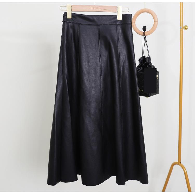 2023 Women's New Mid Length PU Leather Skirt The Classic Solid High Waist Large Swing Lazy woman skirt