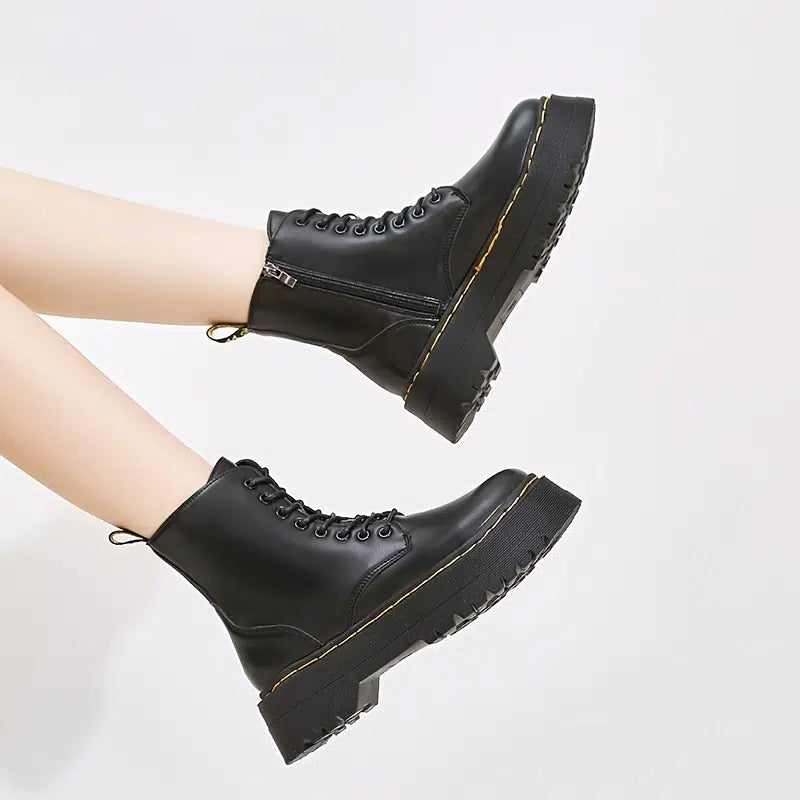 image 3 of Platform Black Short Combat Boots Fashion Comfortable Zipper & Lace Up Boots Women‘s Outdoor Footwear