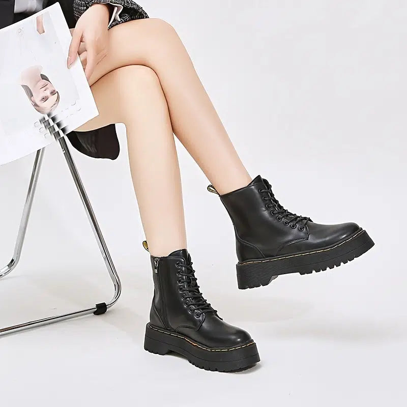 image 4 of Platform Black Short Combat Boots Fashion Comfortable Zipper & Lace Up Boots Women‘s Outdoor Footwear