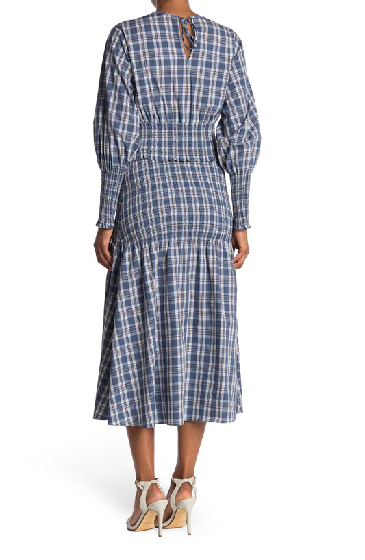 SOMETHING NAVY,
Blanche Plaid Long Sleeve Smocked Midi Dress,
Alternate thumbnail 2, color,
BLUE/ WHITE