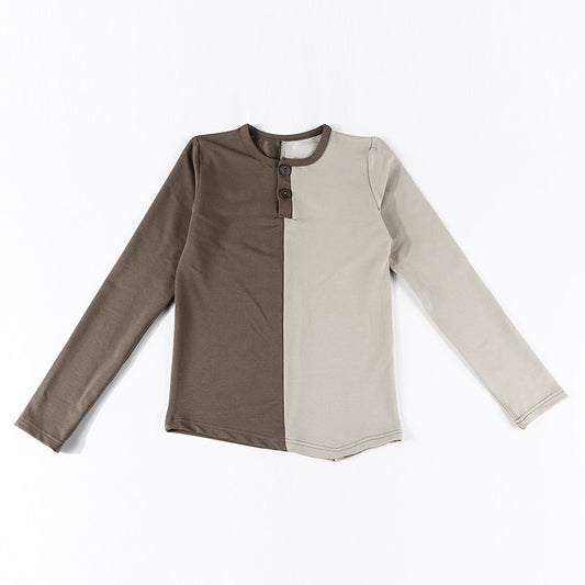 Brown denim colorblock set boys shirt round neck opening asymmetrical bottom soft material kids t shirt summer short/long sleeve