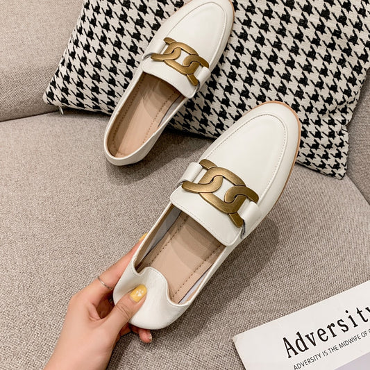 Cowhide Classic Style Black Metal Buckle Leather Flat Loafers Soft Women Shoes Driving Maternity Shoes Pumps Brown Walking