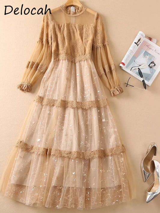 Delocah 2022 Spring Women Fashion Runway Long Dress Flare Sleeve Gorgeous Lace Embroidery Solid Color Ladies Dresses Vestidos