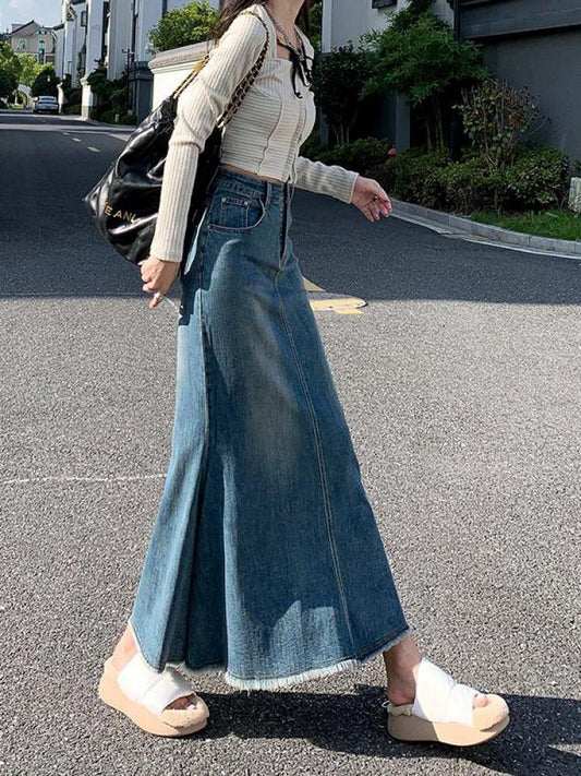 GUUZYUVIZ Casual Loose Tassel Long Women Denim Skirts Autumn Winter Vintage HIgh Waist Pocket Female Jeans Skirts