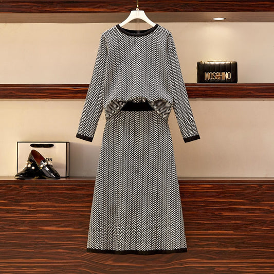 High Quality New Autumn Winter 2 Piece Set Women Knitted Striped Sweater Skirt Suit Long Sleeve Knit Pullover A-line Skirt Sets