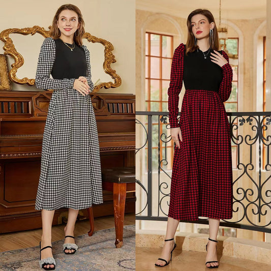 Long sleeve dress 2023 Thousand-bird plaid patchwork dress Spring and autumn women's leisure medium length A-line dress