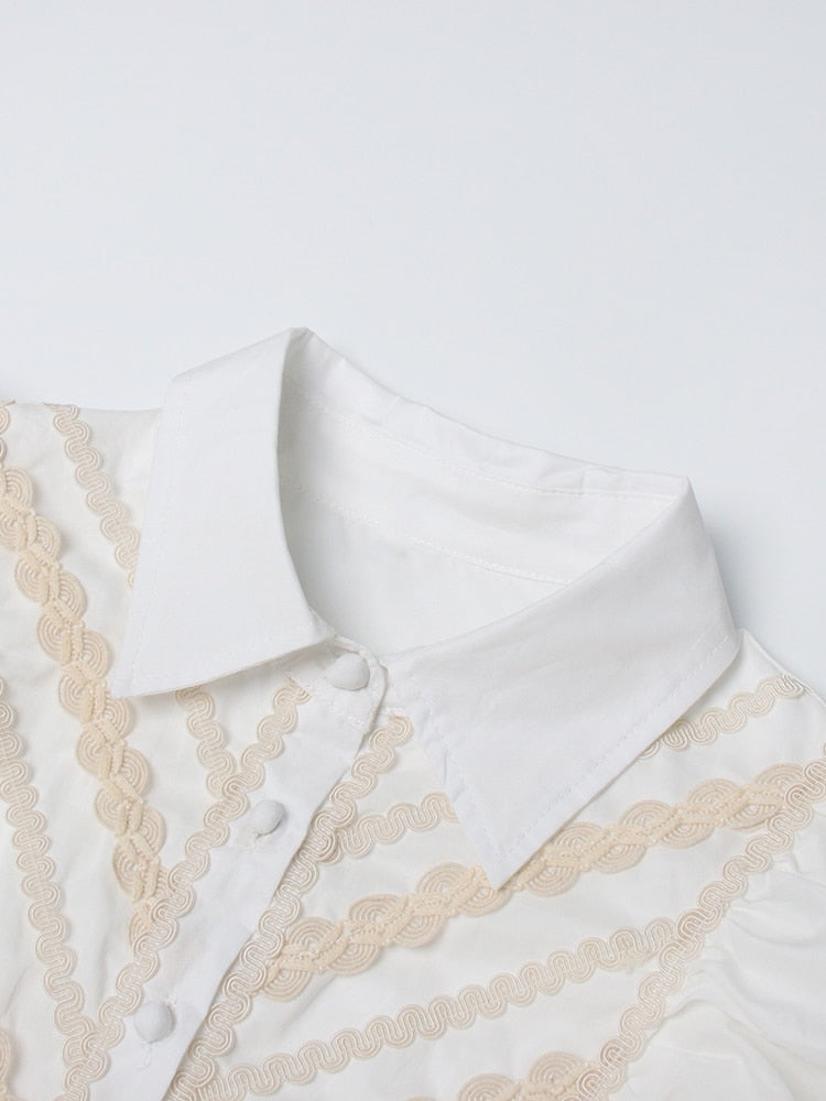 VGH Elegant White Dress For Women Lapel Long Sleeve High Waist Solid Ruched Minimalist Midi Dresses Female Summer Clothing 2022