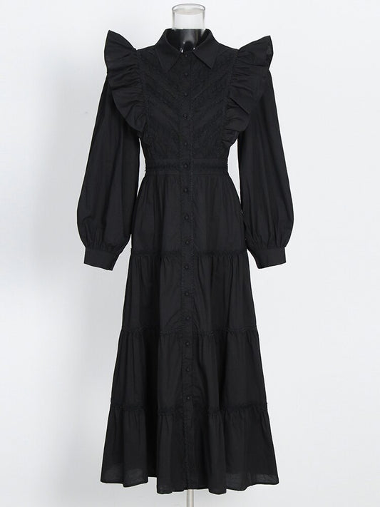 VGH Elegant White Dress For Women Lapel Long Sleeve High Waist Solid Ruched Minimalist Midi Dresses Female Summer Clothing 2022