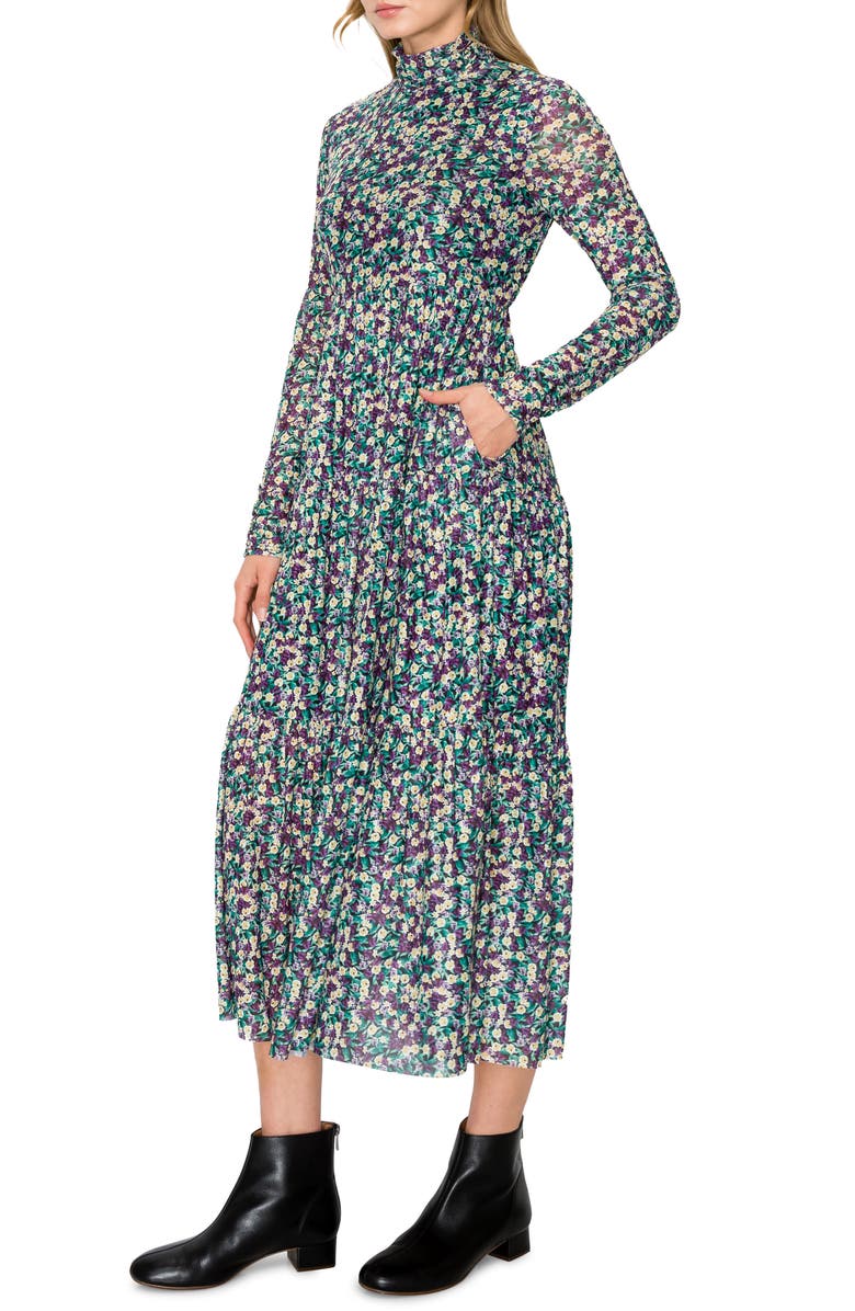 MELLODAY Floral Print Mock Neck Long Sleeve Midi Dress