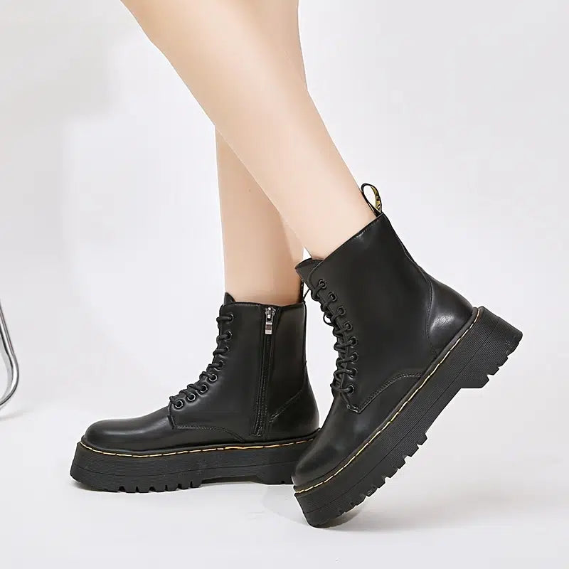 image 6 of Platform Black Short Combat Boots Fashion Comfortable Zipper & Lace Up Boots Women‘s Outdoor Footwear