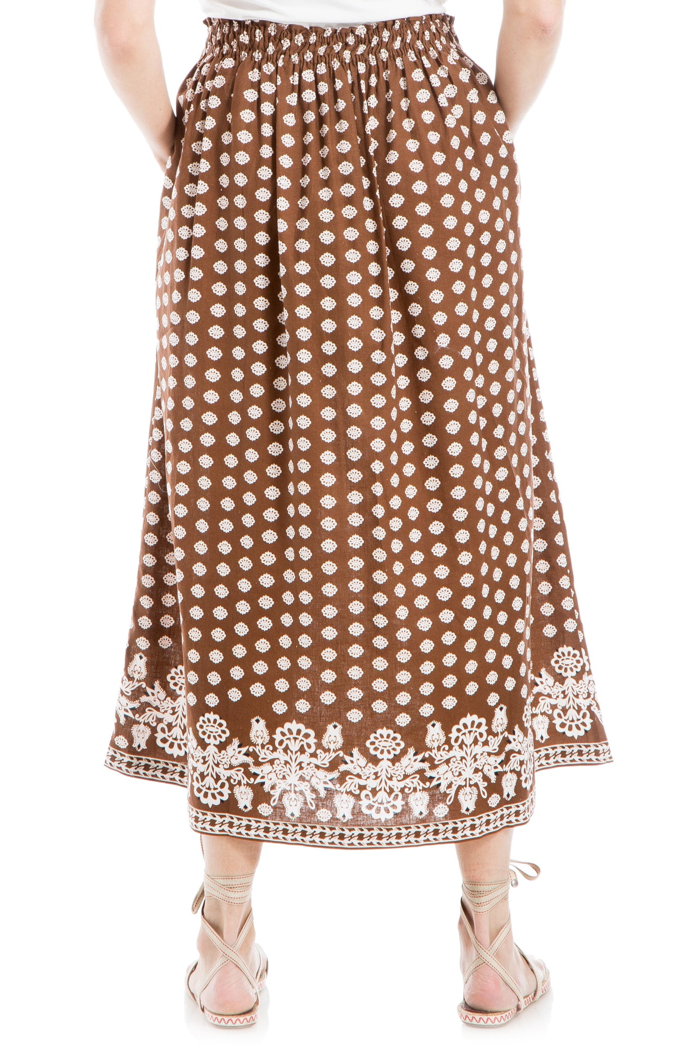 MAX STUDIO Print Linen Blend Midi Skirt, Alternate, color, Chstnt Flrl Border