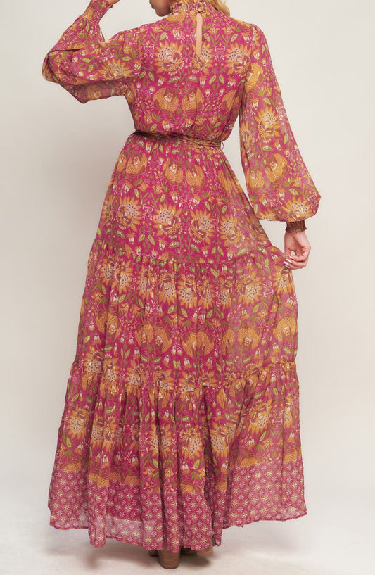 FLYING TOMATO Floral Balloon Sleeve Tiered Maxi Dress