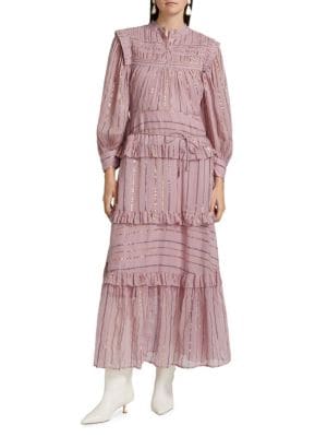 Farm Rio Metallic Striped Tiered Maxi Dress