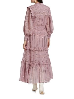 Farm Rio Metallic Striped Tiered Maxi Dress