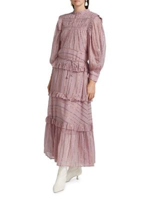 Farm Rio Metallic Striped Tiered Maxi Dress