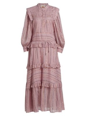 Farm Rio Metallic Striped Tiered Maxi Dress