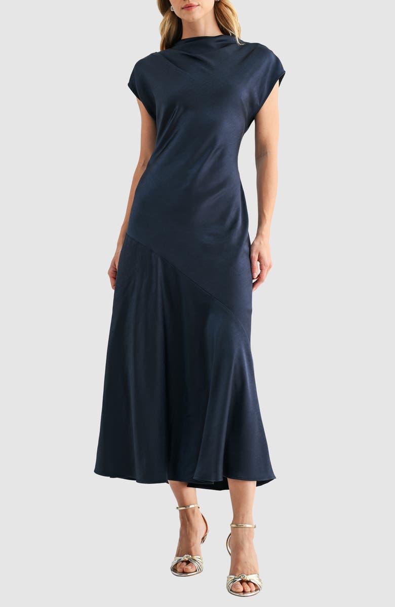 Mila Mae Short Sleeve Asymmetric Hem Satin Maxi Dress