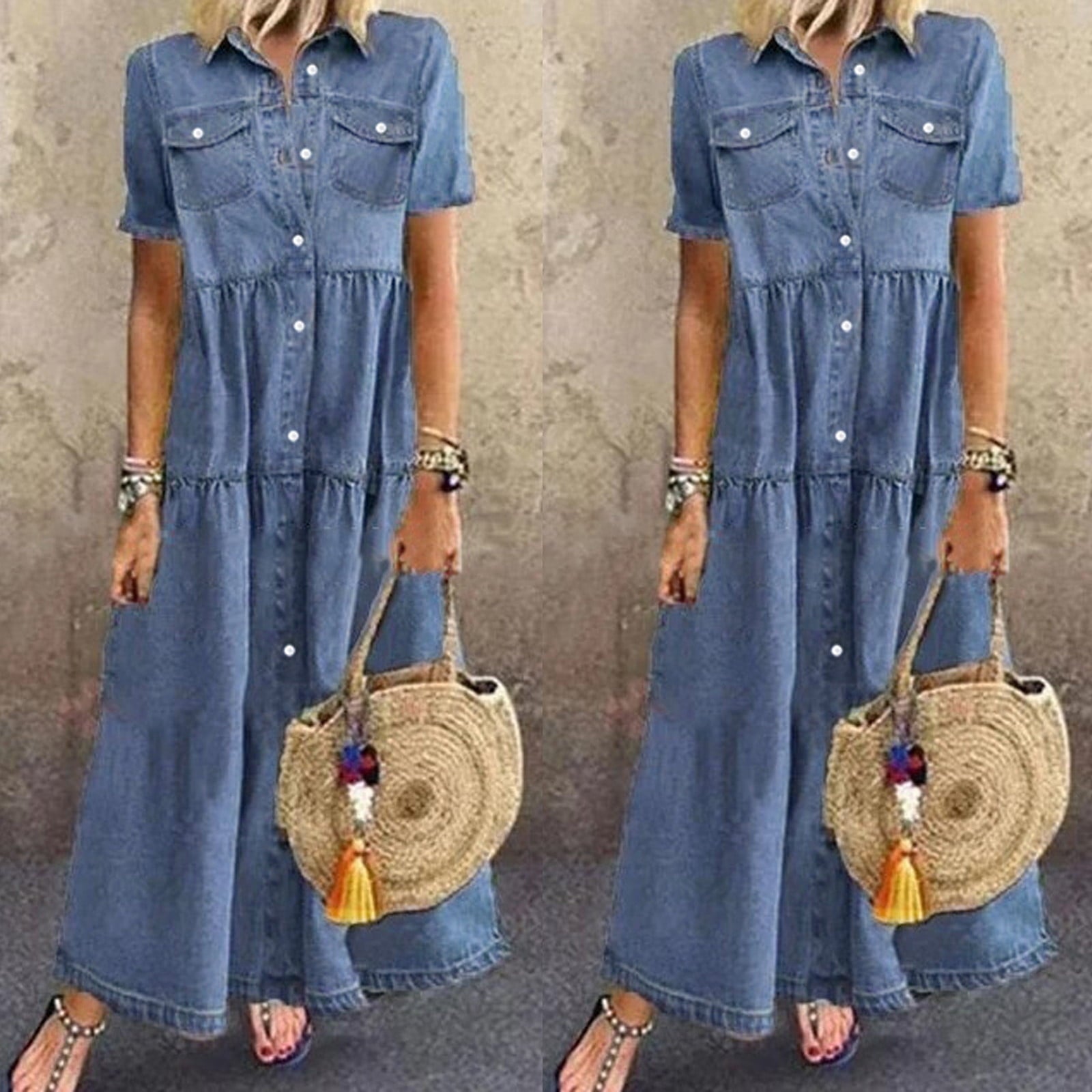 New Year's Deals!Tuscom Women's Dresses Summer Casual Multi-Button Denim Maxi Dress Lapel Short Sleeve Loose Long Jeans Dress with Pockets - image 2 of 4