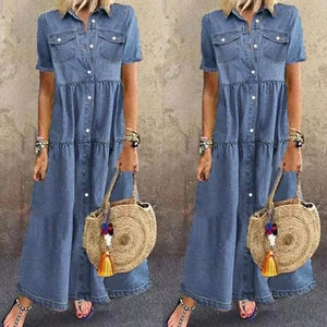 New Year's Deals!Tuscom Women's Dresses Summer Casual Multi-Button Denim Maxi Dress Lapel Short Sleeve Loose Long Jeans Dress with Pockets - image 2 of 4