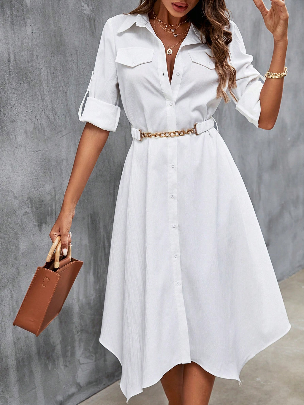 SHEIN Frenchy Flap Detail Asymmetrical Hem Belted Shirt Dress