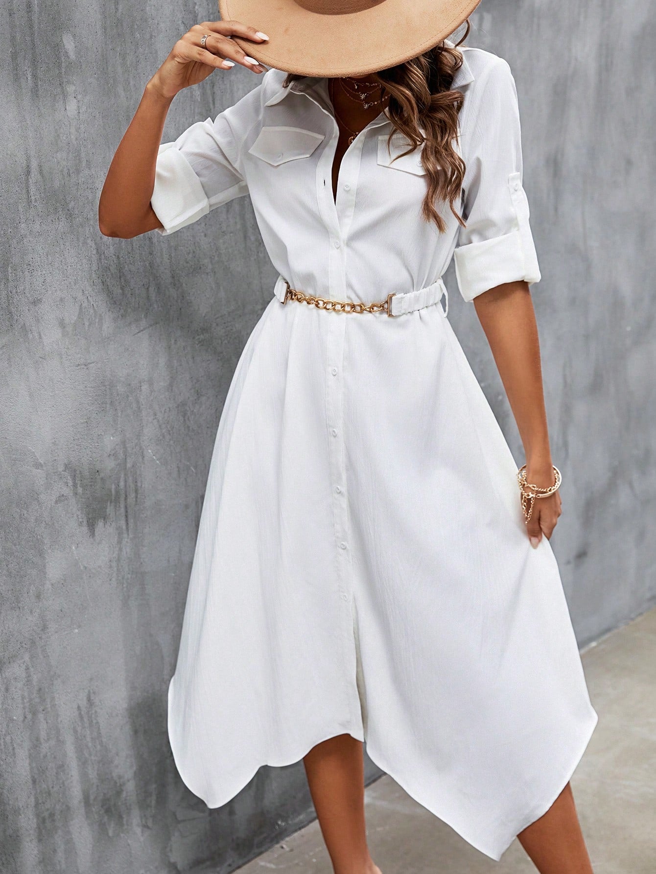 SHEIN Frenchy Flap Detail Asymmetrical Hem Belted Shirt Dress