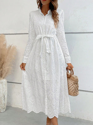 SHEIN LUNE Eyelet Embroidery Belted Shirt Dress