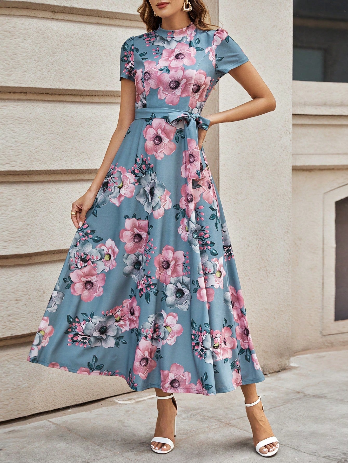 SHEIN Clasi Floral Print Belted Dress