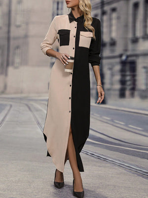 SHEIN LUNE Two Tone Flap Pocket Shirt Dress