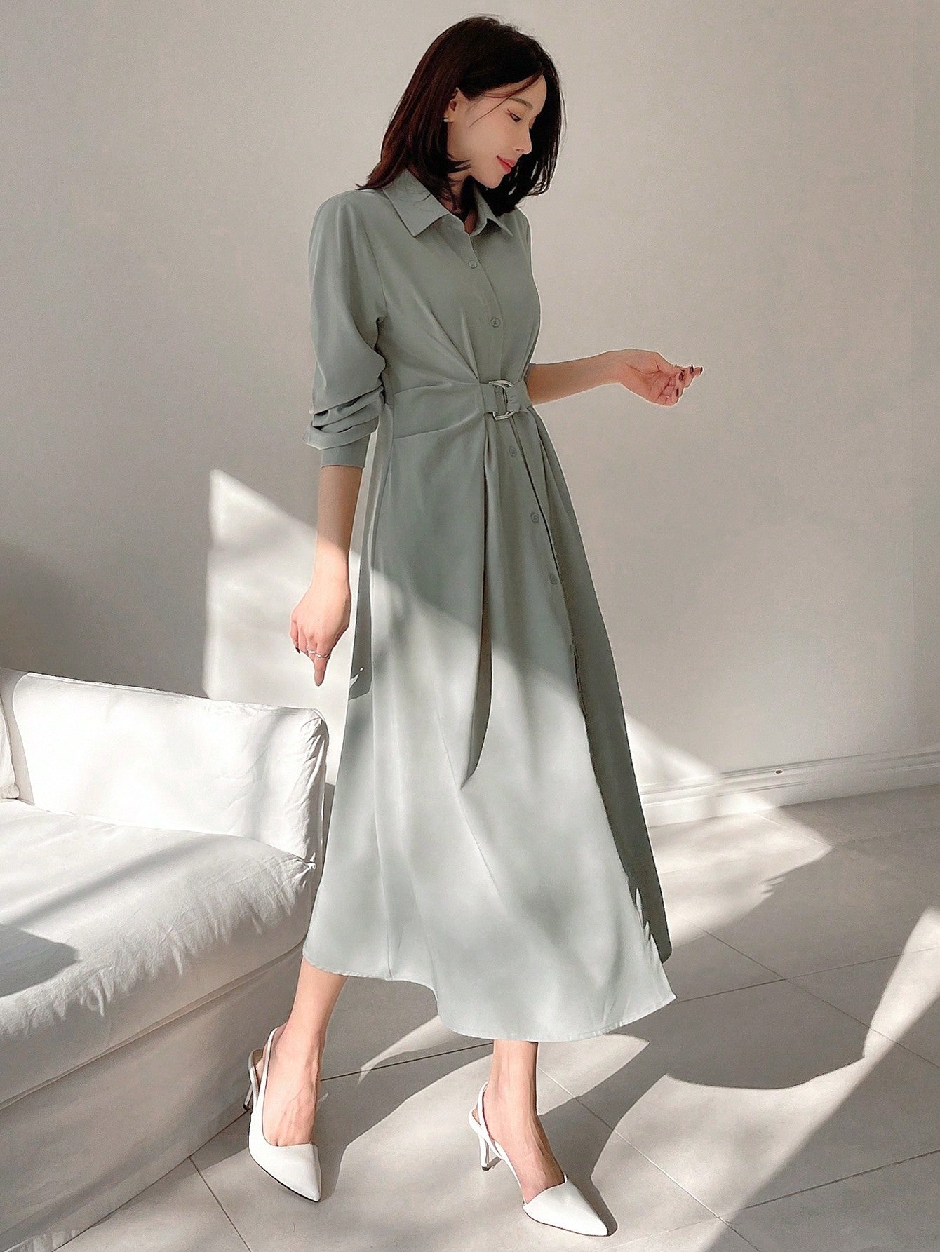 DAZY Waist-Cinched Long Shirt Dress