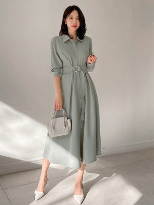 DAZY Waist-Cinched Long Shirt Dress