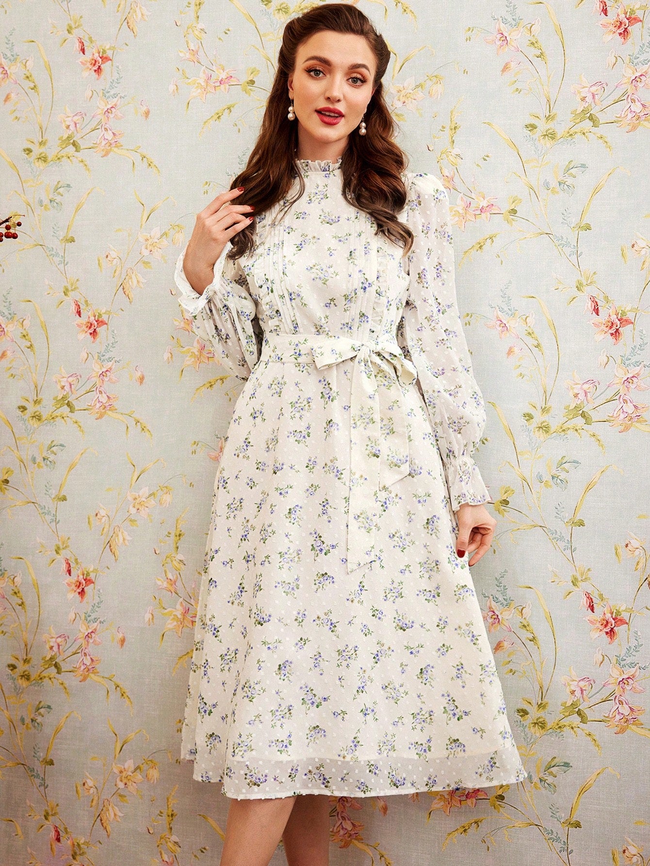 SHEIN DECDS Vintage Elegant New Year Women's Dress With Floral, Polka Dot, And Cutout Prints, Chiffon, Frill Trim, Cutout Details, Stand Collar, Long Sleeve, Flounce Sleeve, Waist Bowknot, Umbrella Skirt