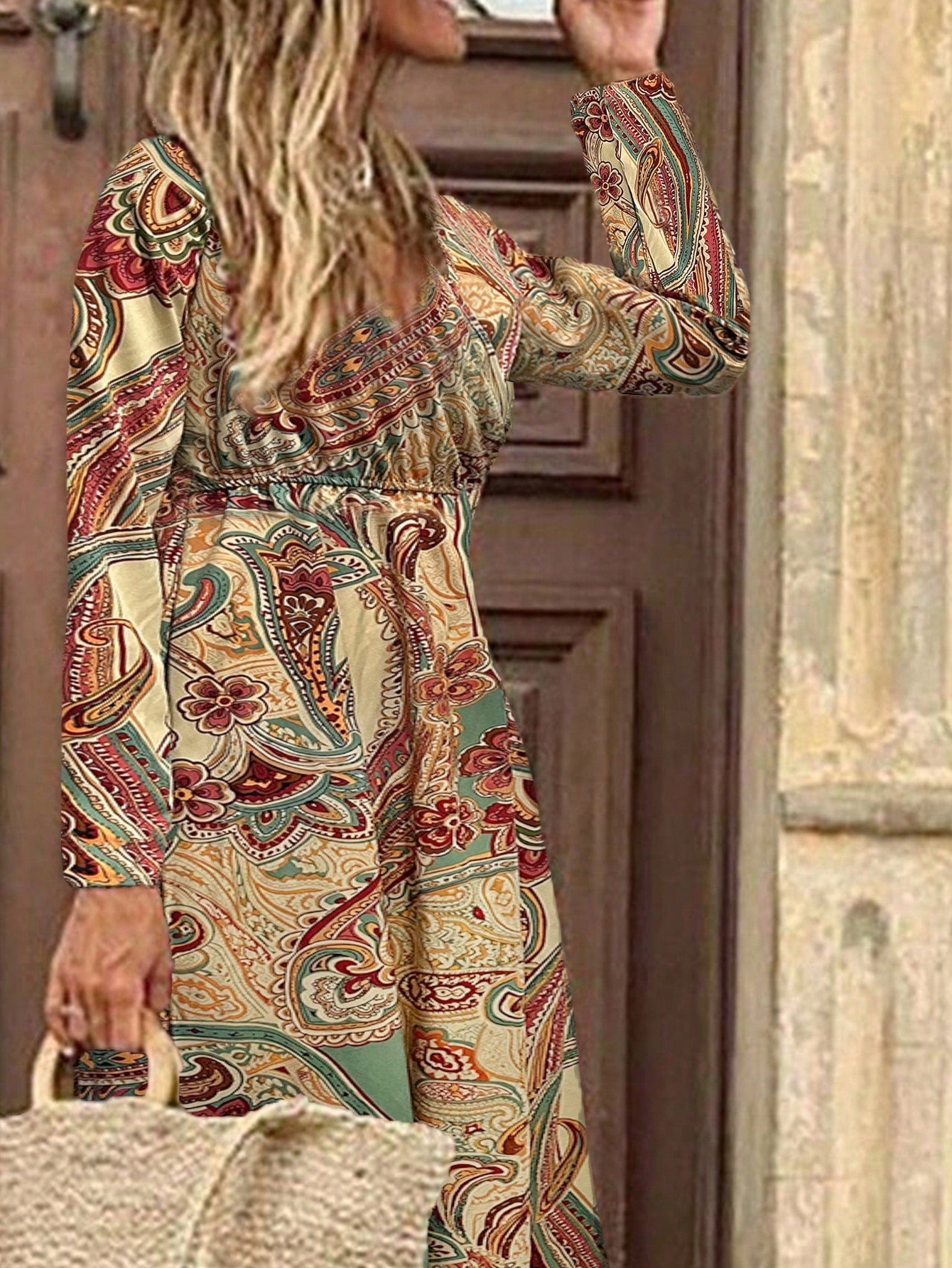 SHEIN LUNE Paisley Pattern Printed Long Sleeve Dress