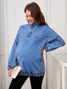 LocalSHEIN Maternity Loose Dolman Sleeve Zip Up Denim Jacket For Spring Autumn