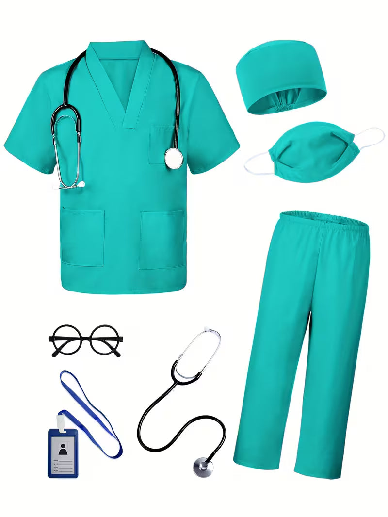 7pcs Doctor Outfit for Children, Including Nurse Scrubs, Perfect for Halloween Dress-Up for Boys And Girls Aged 3 to 11.