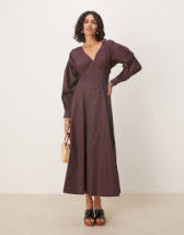 ASOS DESIGN maxi shirt dress with cinched waist detail in chocolate and navy gingham